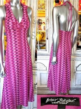 Betsey Johnson Vintage Y2K Pink Zigzag halter midi Dress